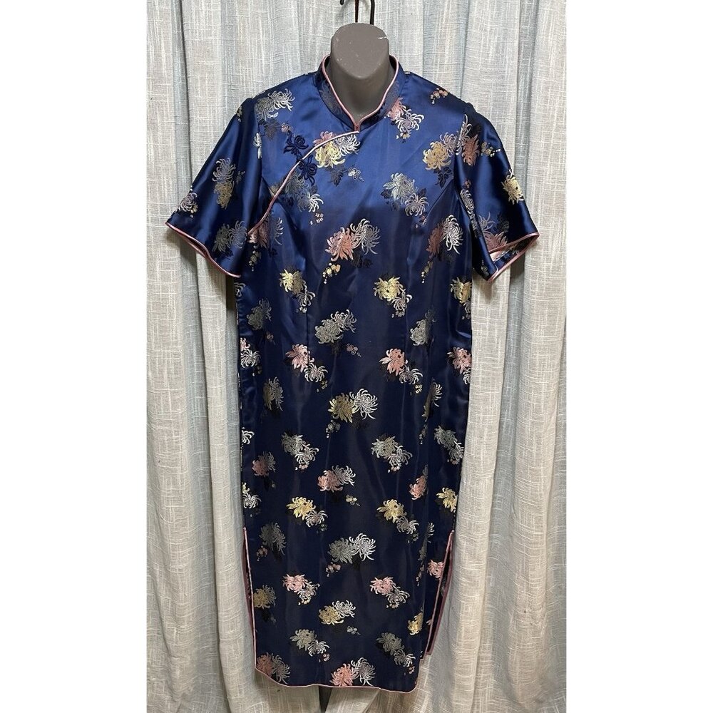 Vintage Cheongsam Dress Qipao 50s 60s Wiggle Blue Pink Trim Embroidered Floral